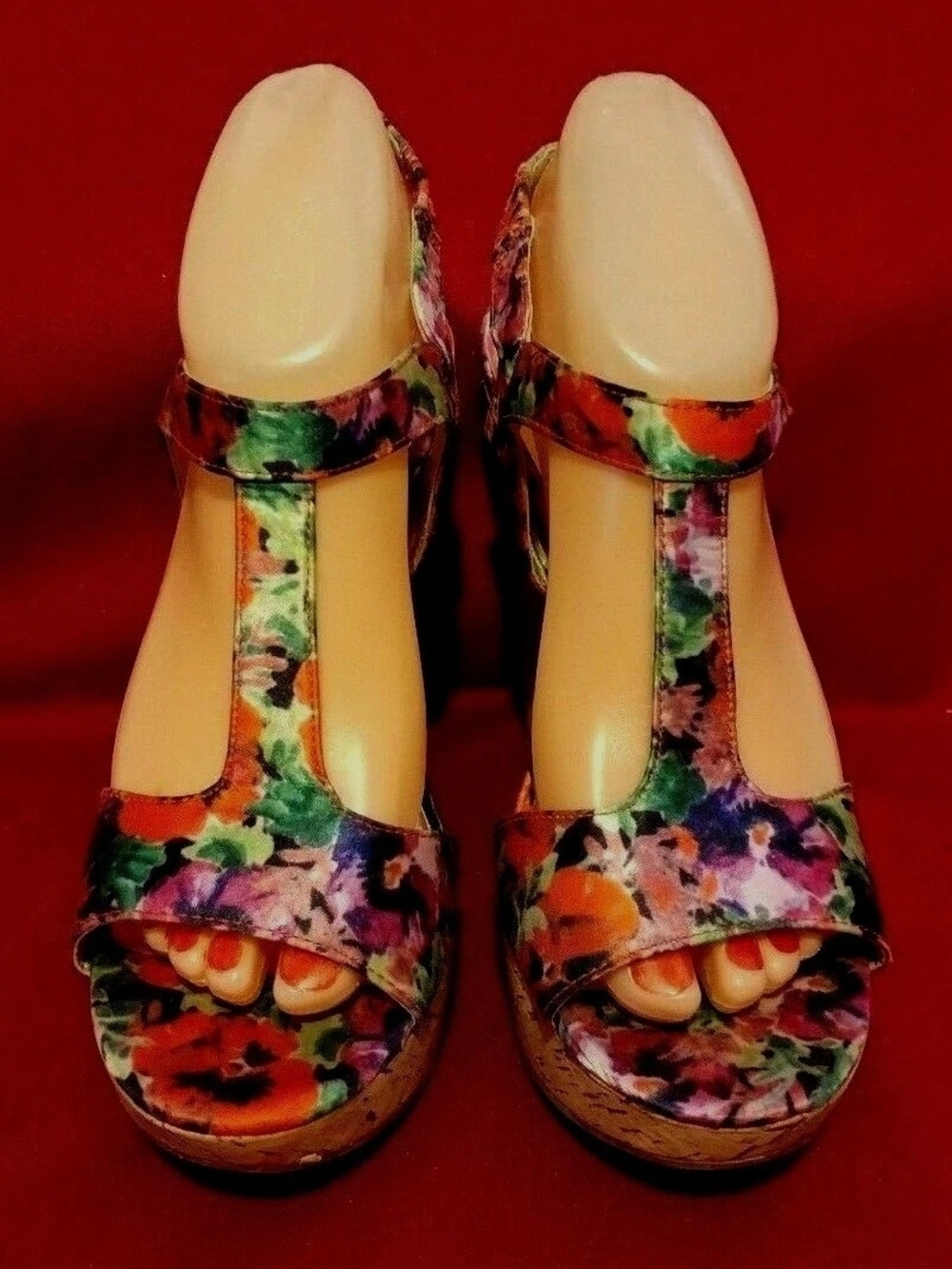 Multicolor Floral T-Strap Wedge Sandals